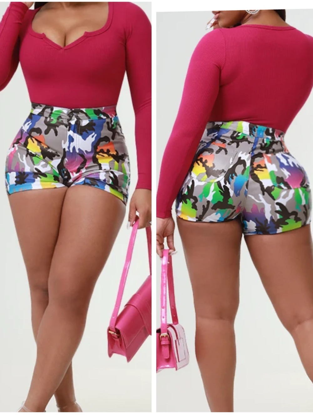 Swank A Posh With A Kick High Rise Faux Leather Shorts in Rainbow Camo L/XL